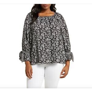 Max Studio Black Floral Blouse XL Scoop Neck Peasant Casual Tie Sleeve NWT